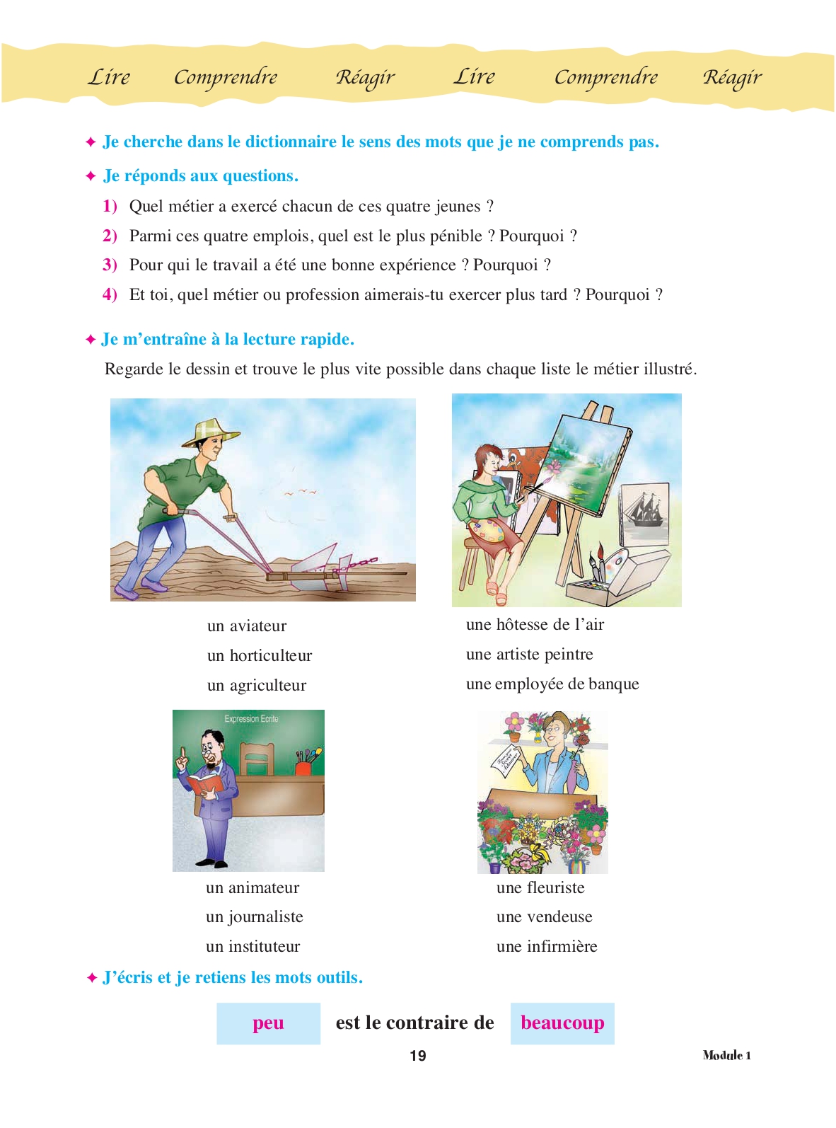 Page 19 du manuel : questions de compréhension et jeu « je reconnais les métiers en images »